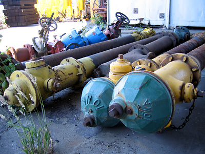 Photo: A stack of uprooted fire hydrants