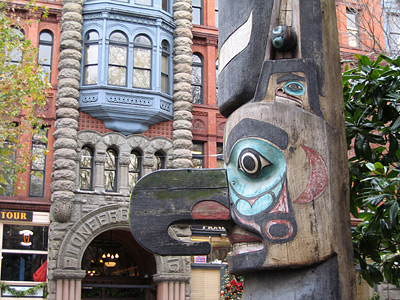 [Totem pole carving of a bird]